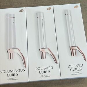 new in box T3 clip barrel curling iron attachments; 1.5”, 1.25” and 1” barrels